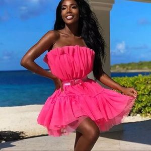 Women’s Juniors Fuchsia Pink Tulle Strapless Tutu Dress with Bow & side Zipper